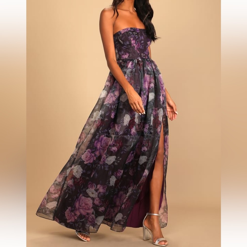 Lulus Wonderful Waltz Purple Floral Print Strapless Bustier Maxi Dress